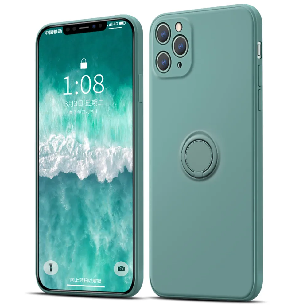

Original Square Liquid Silicone Phone Case For iPhone 11 Pro Xs MAX XR X 7 8 6 6s Plus SE 2020 Ring Holder Cover With Hand Strap