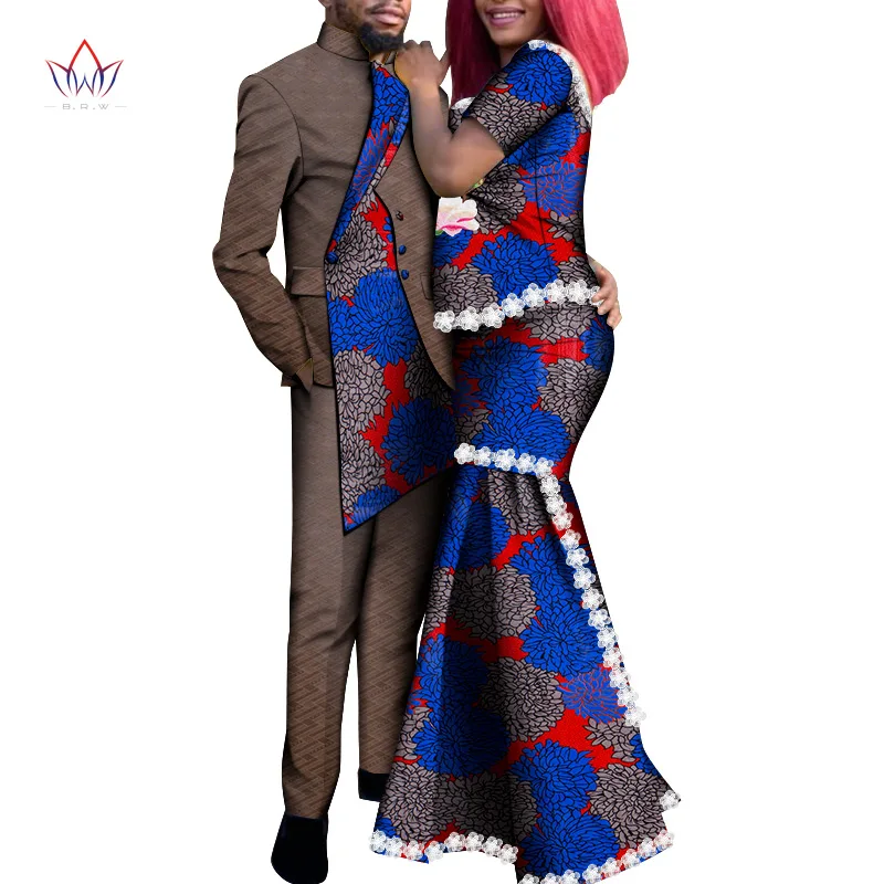 

African Clothing for Lover Couple Clothes Men's Bazin Riche Suits Women Formal Dress Ankara Print Dashiki Party Costume WYQ702