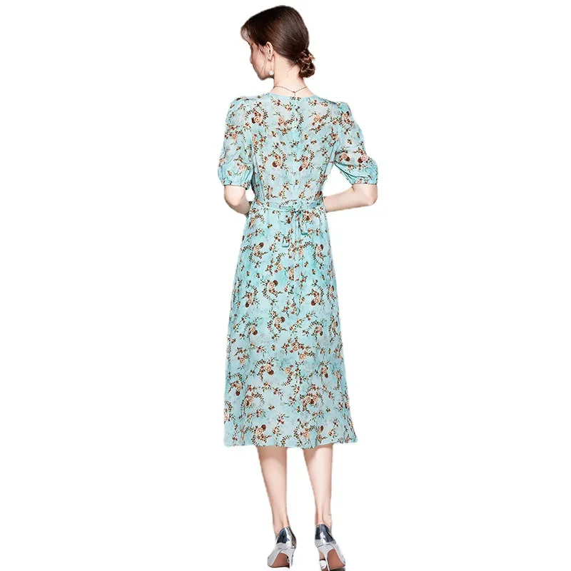 

Gezelligheid Dresses For Women 2021 Summer New Fashion Elegant V Neck Slim Party Print Floral 100% Natural Mulberry Silk Dress