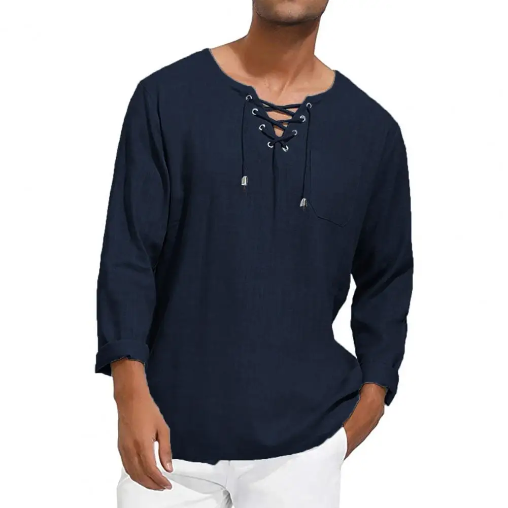 

Men Shirts Autumn Linen Blend Solid Color V-neck Drawstring Chest Loose Men Autumn Shirt Plus Size Male Fall Top 3XL Plus Size