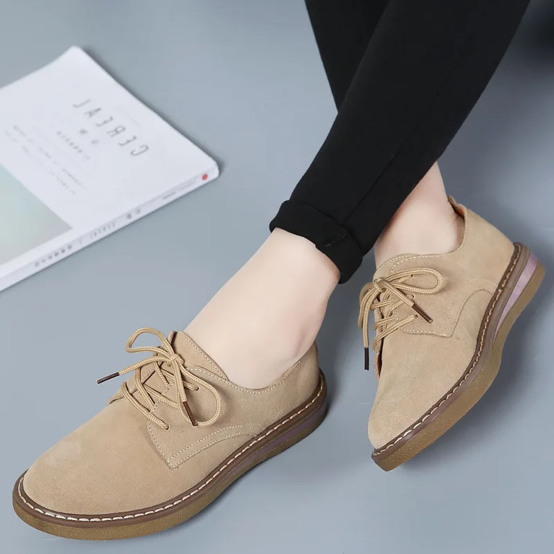 

2021Spring Women Flats Shoes Women Sneakers Leather Suede Lace Up Boat Shoes Round Toe Flats Moccasins Oxford For Women