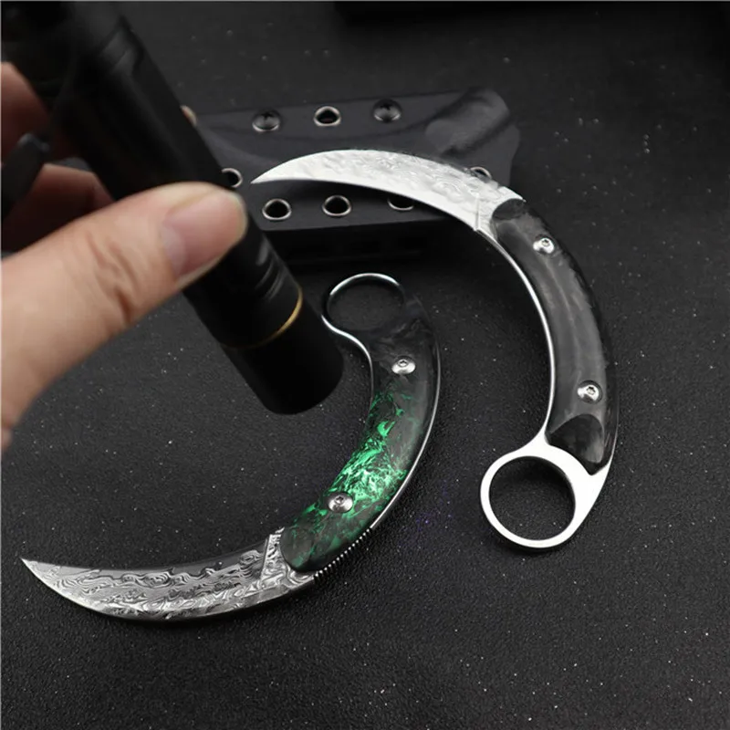 HS инструменты дамасское лезвие Karambit углеродное волокно ручка тактический охотничий Открытый нож кемпинг выживания битва Фиксированное Лезвие Нож