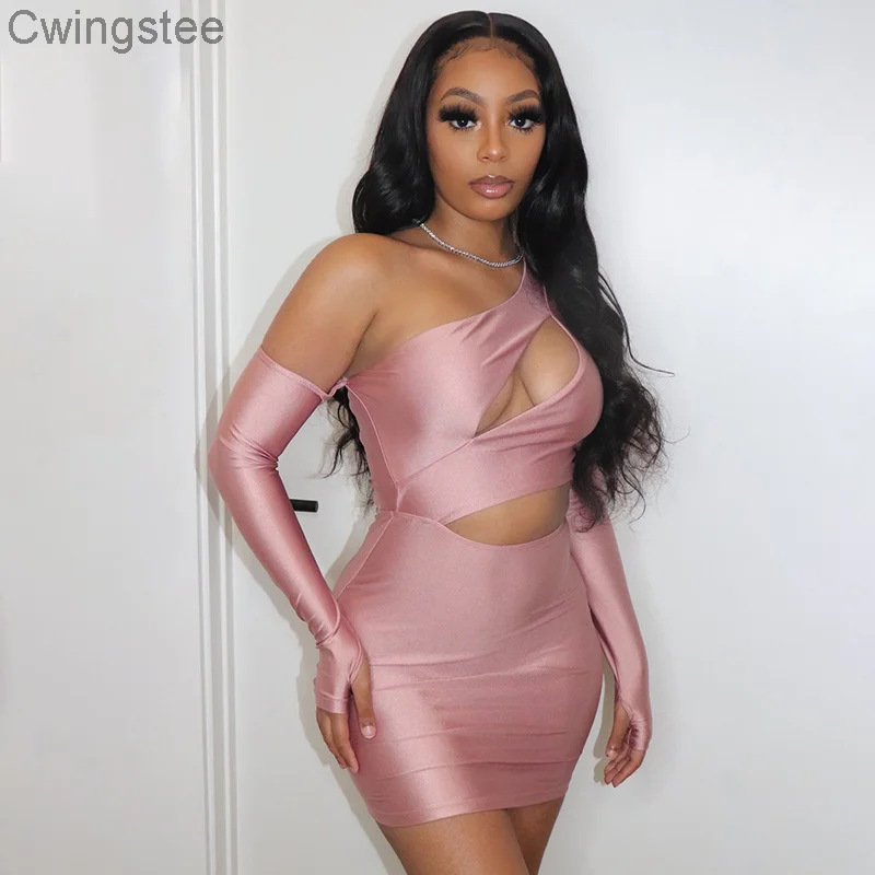 

One Shoulder Cut Out Hot Bodycon Dresses Woman Party Night Sexy Long Sleeve Clubwear Fashion Mini Dress Autumn Winter