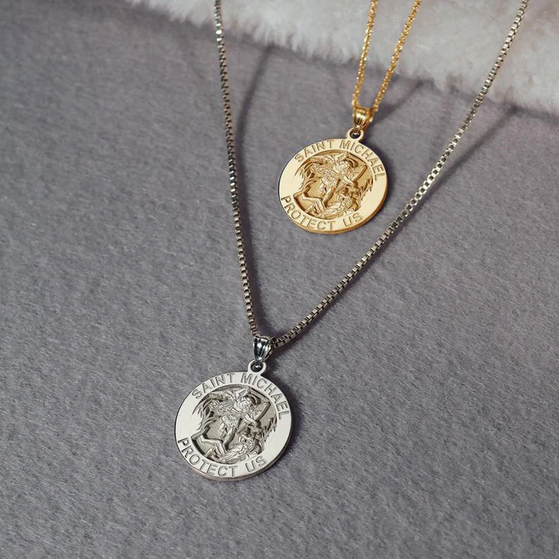 

Silve Round Saint Michael Necklace Religious Medal Gold Silver Archangel Necklace Men's Jewelry Lovers Necklace Girl's Gift