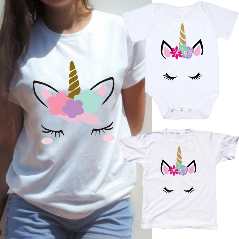 Matching Family Outfits Mom Kids Baby Unicorn T-shirt Tops Summer Short Sleeve Mother Daughter Clothes Big Sister Little Sister