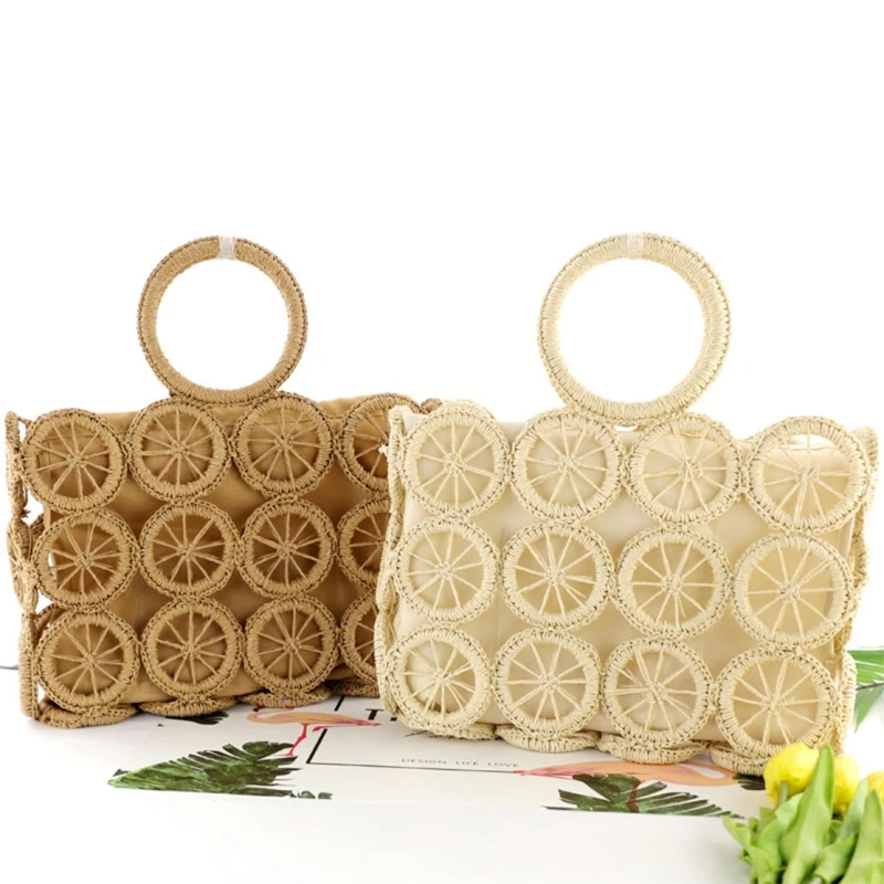 

Women Beach Woven Straw Tote Bag Hollow Out Circle Pattern Top Handle Drawstring Handbag Summer Travel Vacation Purse