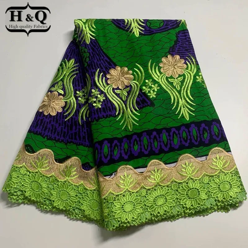 

H&Q 6 yards high quality green embroidery nigerian guipure lace water soluble with african batik laces 100% cotton wax fabrics