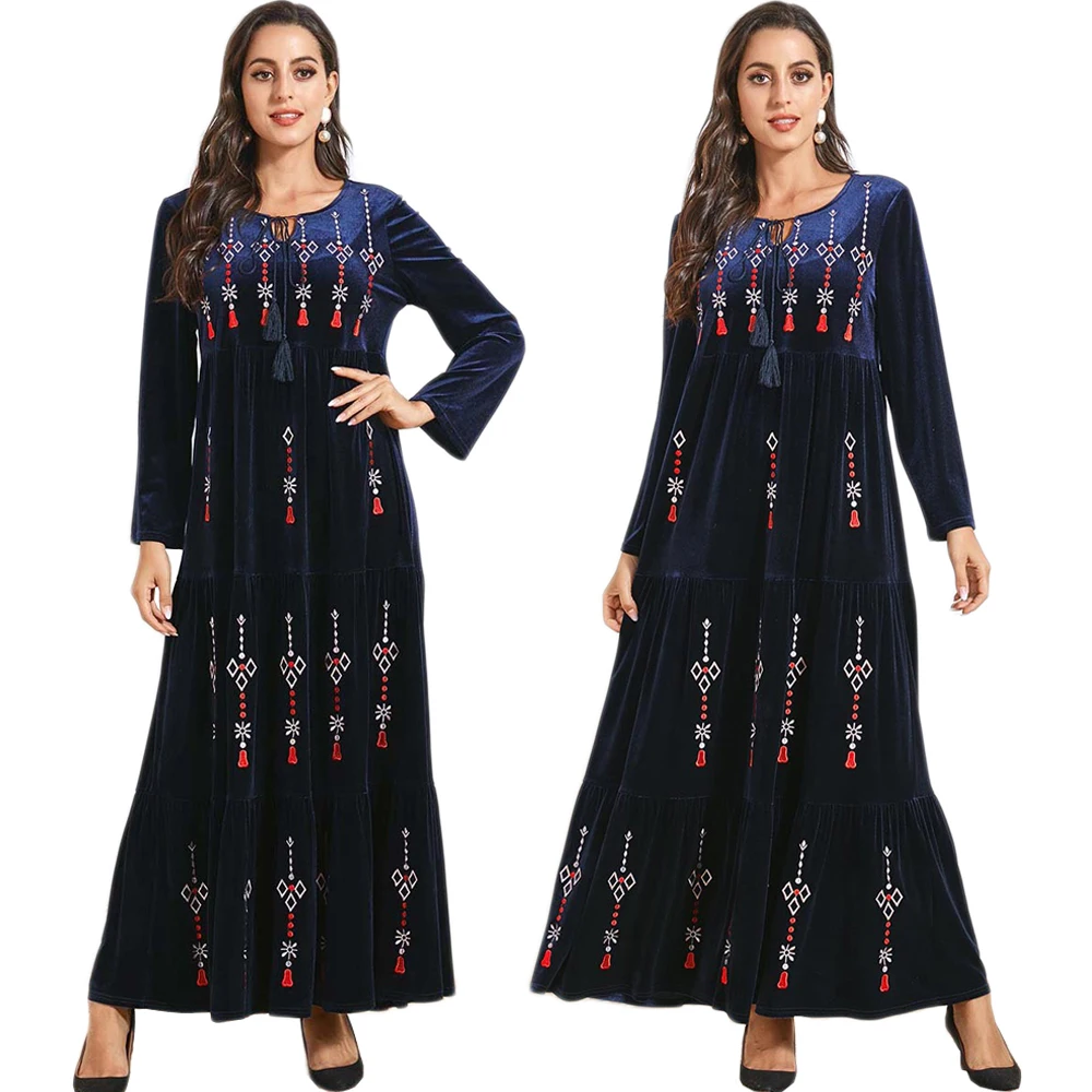 Женское длинное платье абайя, бархатное, с вышивкой, для осени и зимы