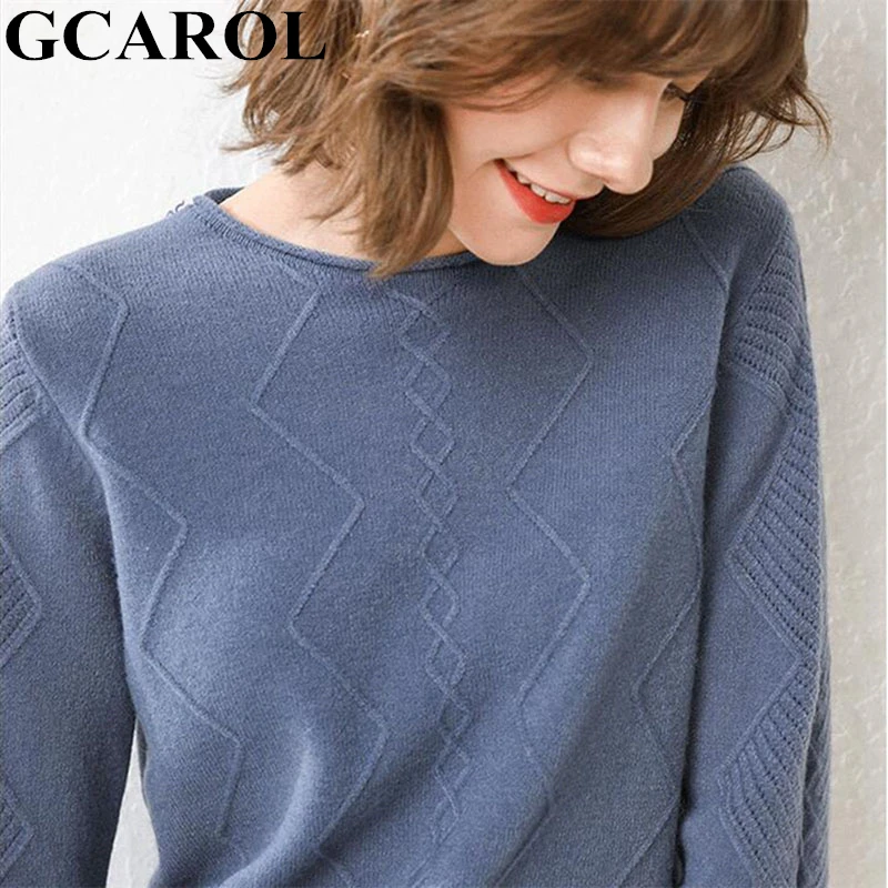 GCAROL New Women O Neck Curled Rhombic Sweater Fall Winter 30% Wool Cashmere Thick Jumper Stretch Warm OL Knitted Pullover S-3XL