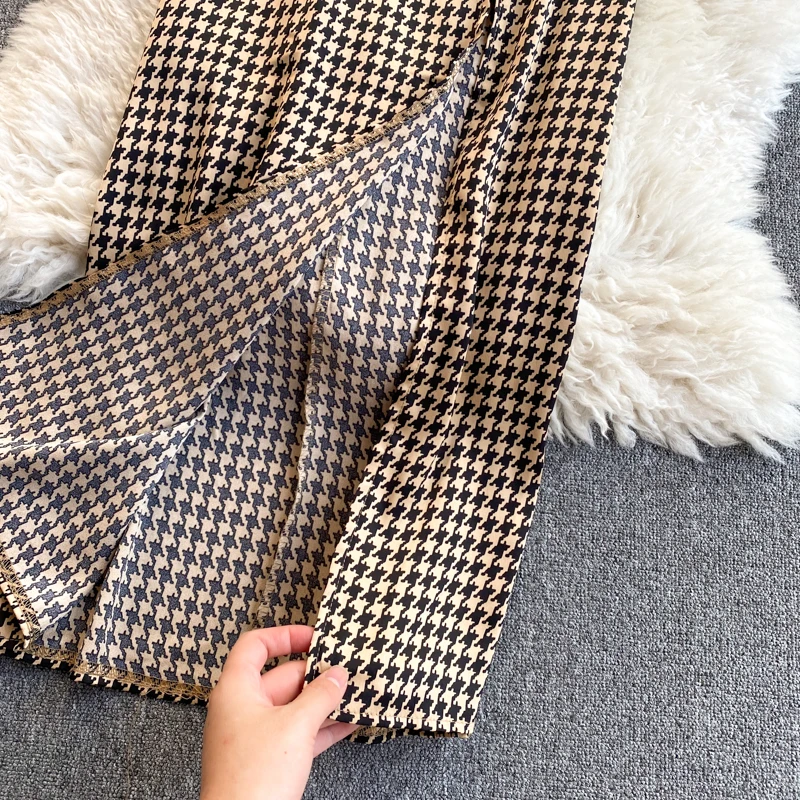 

spaghetti houndstooth dress women retro elegant long style split dresses high quality v neck hepburn dresses