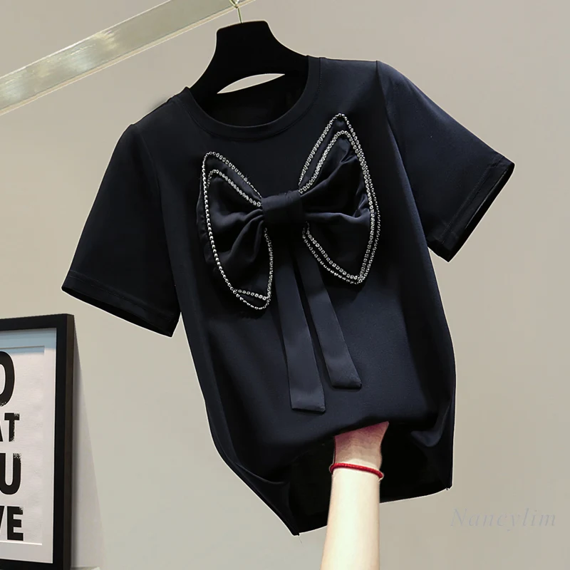 

Изысканная женская футболка Стразы с бантом с коротким рукавом лето 2021 однотонные повседневные универсальные топы в Корейском стиле футбо...