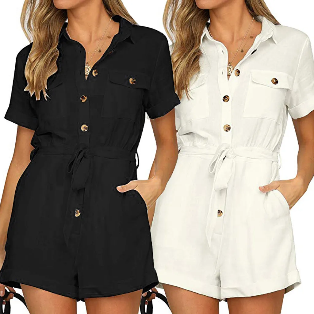 

Boho Playsuit 2021 Women Black Bodysuit Casual Short Sleeve Indie Y2k Turn-down Collar Casual Solid Button Down Cuffed Jumpsuit