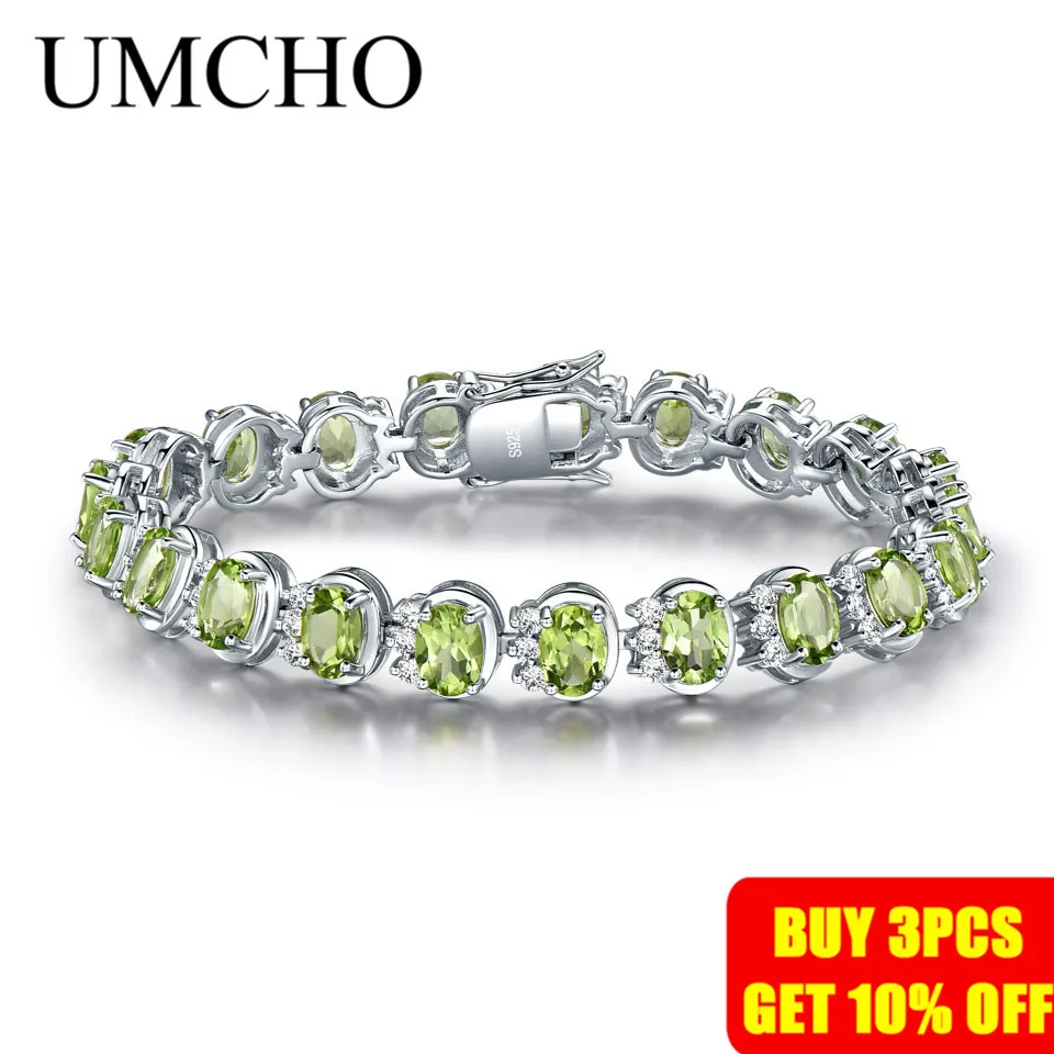 UMCHO Роскошные 18.9ct натуральные браслеты из перидота для женщин 925 пробы Серебряная цепочка звено браслет Свадебный драгоценный камень ювелирные изделия