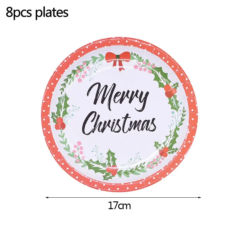 B02-8pcs plates Рождественский одноразовый набор посуды для вечеринки тарелки салфетки для стаканчиков бумажные соломинки Ножи Ложки Набор вилок Новогоднее украшение - Цвет: B02-8pcs plates