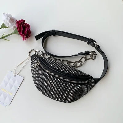 S - Black Rhinestone Натуральная кожа горный хрусталь кристалл Кроссбоди сумки на плечо поясная сумка нагрудная талия пояс женские сумки - Цвет: S - Black Rhinestone