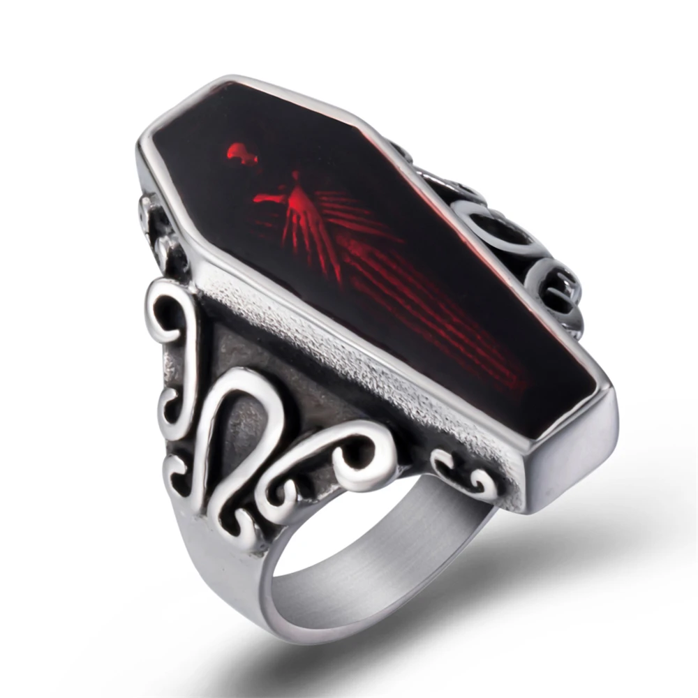 

ELFASIO Skull Rings for Men Stainless Steel Gothic Punk Vampire Bloody Red Enamel Coffin Ring