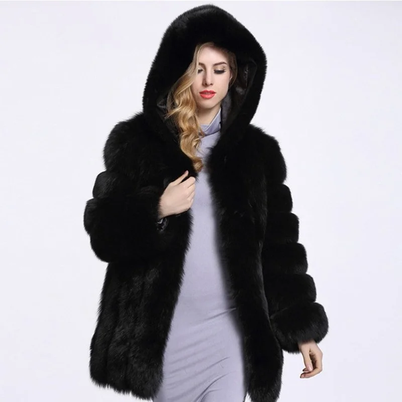 Donsignet Fashion New Solid  Faux Fox Fur Coat Women Mid Length Coat Long Sleeve Hooded Women Jacket