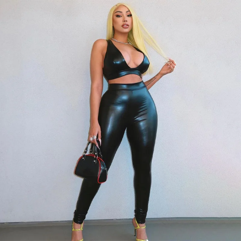 Faux Leather Two Piece Suits Women Clubwear Sleeveless Low Cut Crop Tank Top High Waist PU Leggings Sets Lady Black Sets