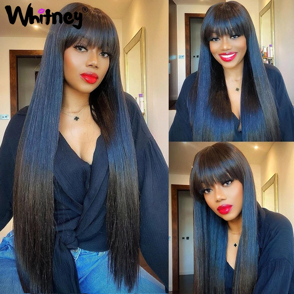 

Peruvian Straight Human Hair Wig With Bangs Full Machine Wig With Bangs Straight Wigs For Women 30" Long Straight Bangs Wig