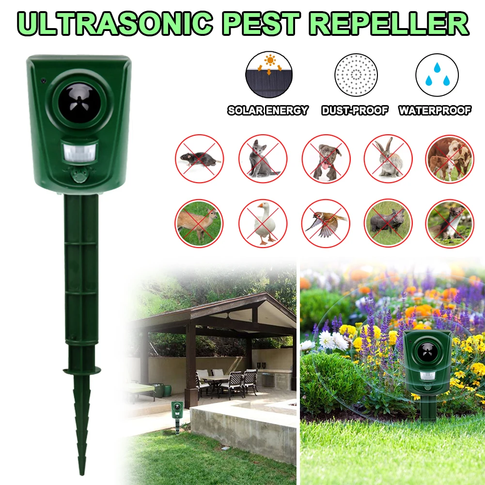 

Ultrasonic Animal Bird Repeller Ipx4 Waterproof Pir Sensor Led Light Outdoor Bird Mouse Cat Expeller Ultra Sonic Fast Delivery