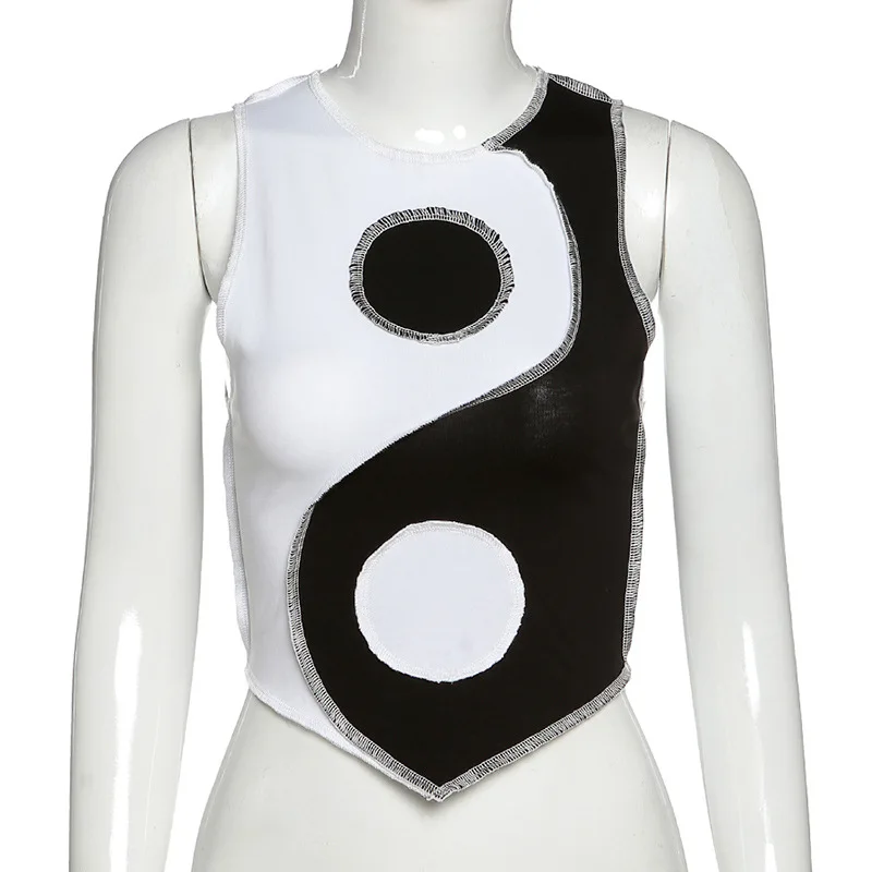 Укороченный топ без рукавов с круглым вырезом в стиле пэчворк женская модная