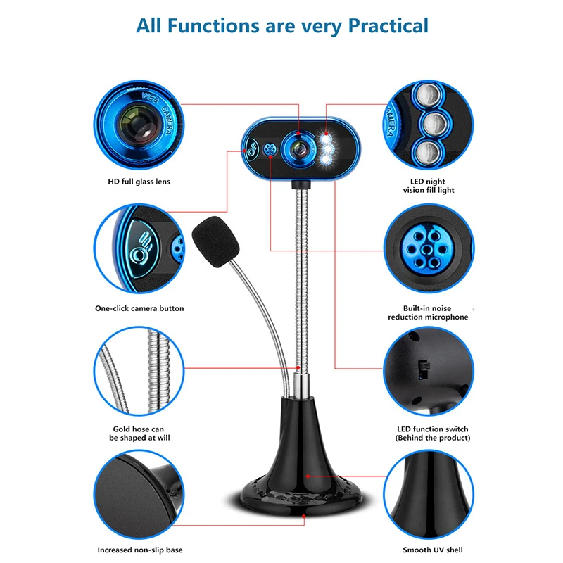 

USB HD Webcam with Home Office Microphone Night Vision Function Video Camera LED with Microphone