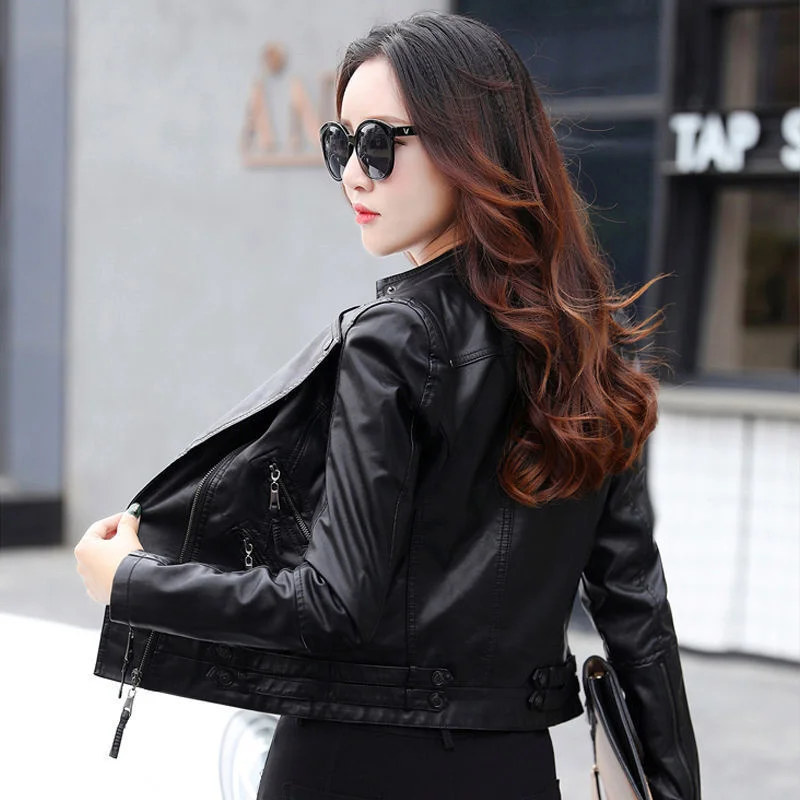 2019 spring and autumn new high waist small leather clothes women's short slim motorcycle leather jacket zipper jacket enlarge