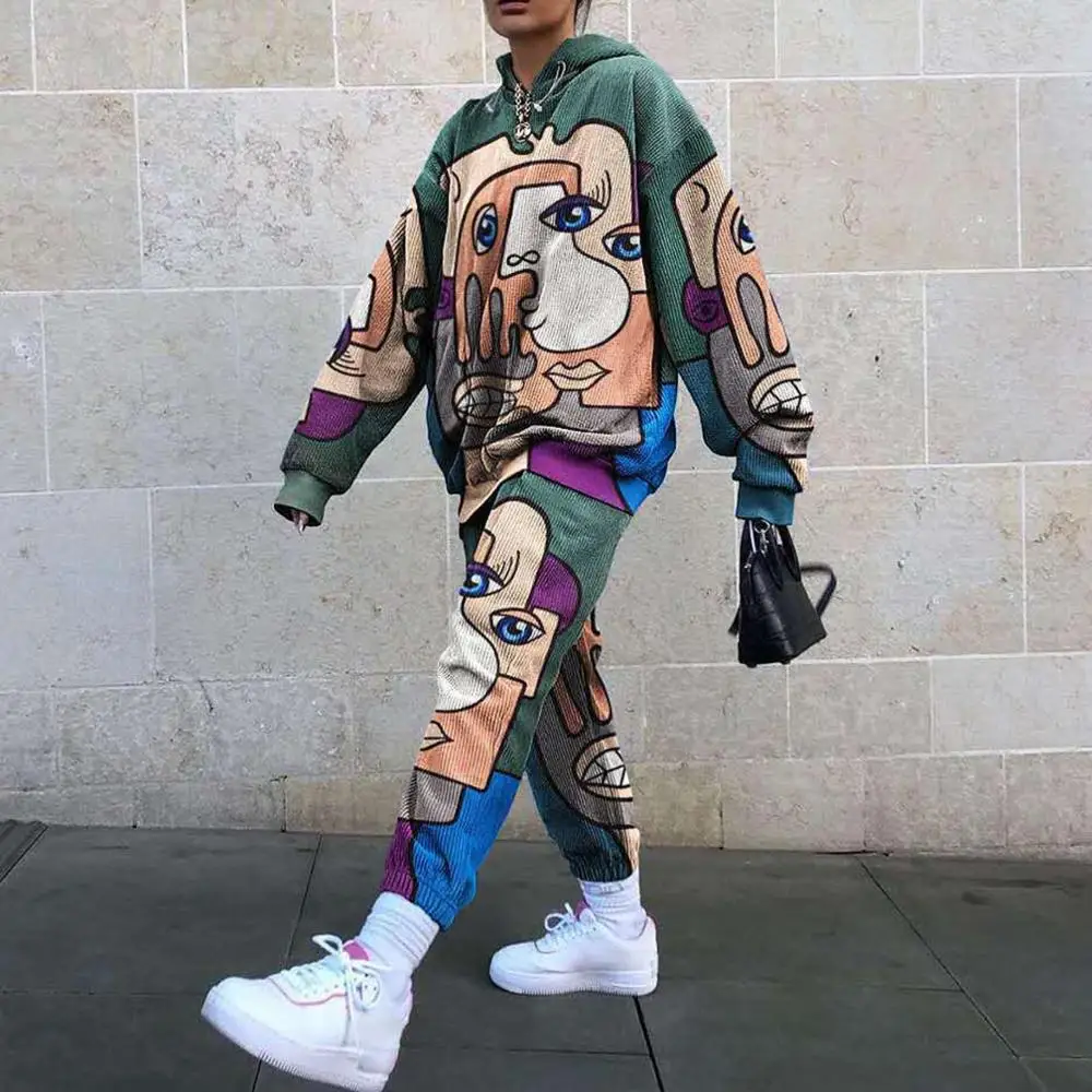 

Oversize Funny Printing Women Sportsuit Fashion Keep Warm Winter Womens Long Sleeve Tops+Long Pants 2 Piece Set Women Tracksuit