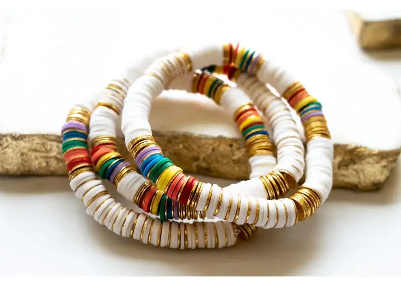 

10Pcs 8mm Gold Copper Sheets White Rainbow Color Polymer Clay Disc Heishi Beads Elastic Stretch Bracelet Women Boho Jewelry