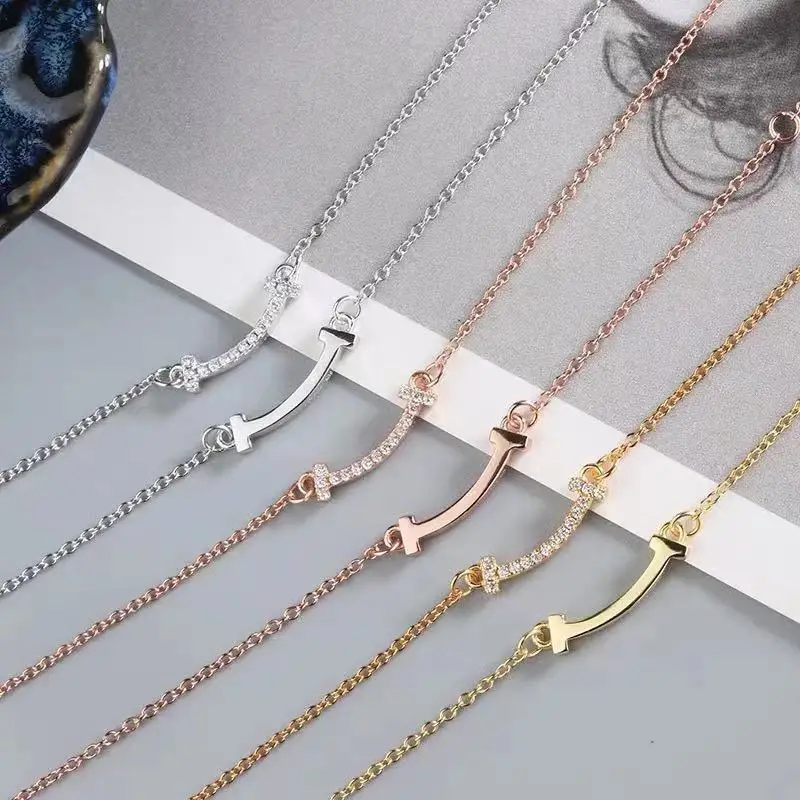 

1:1 Tiffon925 Sterling Silver Classic Simple Luster [With Zircon] Mini Smile Necklace, Luxury Jewelry Gift For Ladies