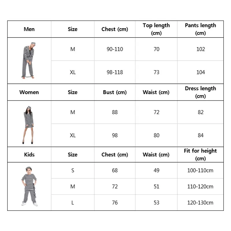 

Umorden Women Men Kids Scary Zombie Prisoner Jailbird Costume Black White Striped Halloween Purim Costumes Fancy Dress