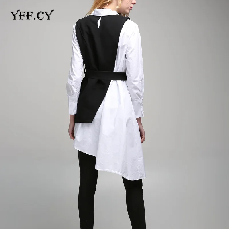 De las mujeres de la moda Streetwear de dos piezas cuello asimétrica de cintura alta, vestido de camisa de manga larga chaleco negro chaleco traje de mujer ropa