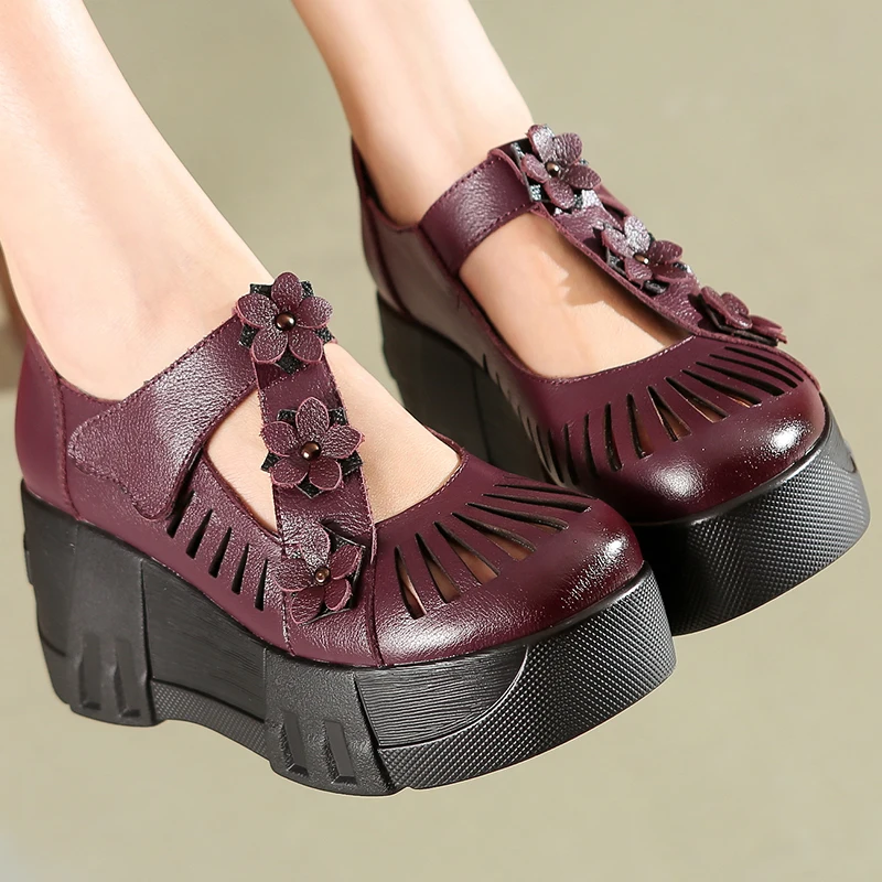 

2022 Spring Comfortable Classic Flowers Genuine Leather High Heels Pumps Platform Wedges Breathable Women Shoes Sapatos De Mujer