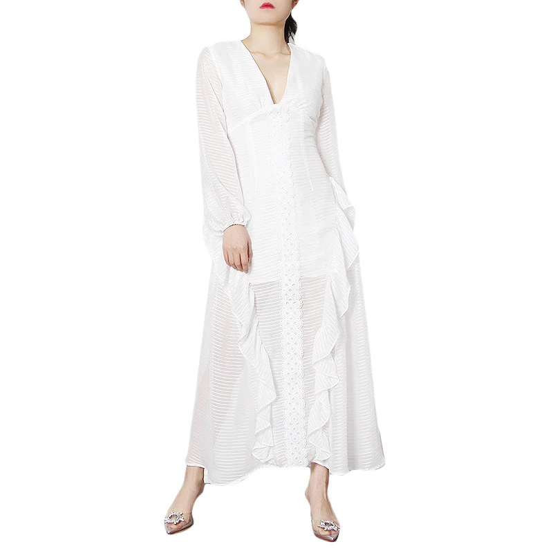 

VGH Ruffle Dress For Women Embroidery Lace Dress For Women Elegant Deep V Neck Long Sleeve Loose A Line Dresses Female 2021 New