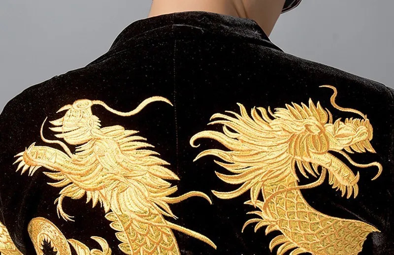 Gold Dragon Pattern Embroidery Stage Suit Jacket Fancy Designer Dj Club Party Prom Men Velvet Blazer