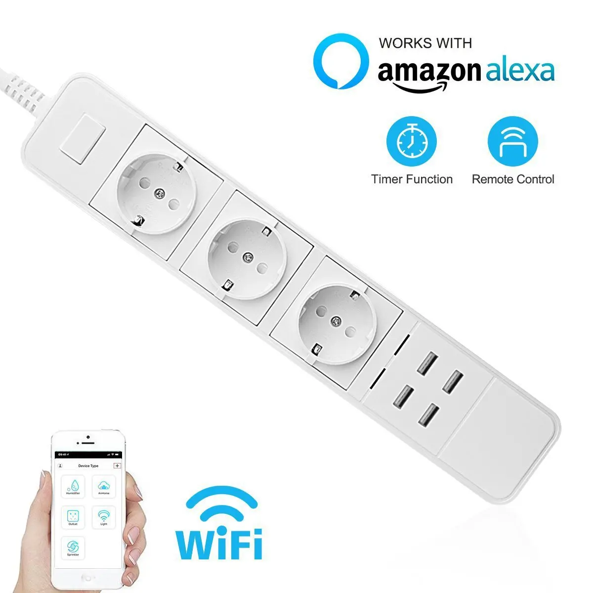 

Smart Wifi Power Strip Surge Protector Multiple Sockets 4 USB Port Voice Control for Echo Alexa's Google Home Timer EU Plug