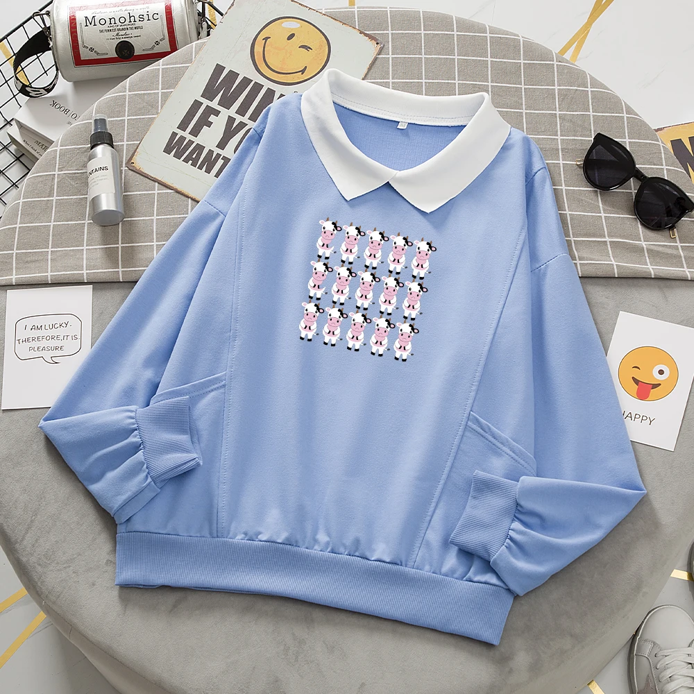 Kawaii Hoodies Harajuku Cow Printed Women Pullover Tops Cute Turn-down Collar Sweetshirt Autumn Full Sleeve Leisure Sweatshirts