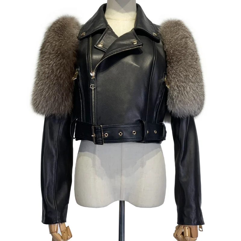 

SHZQ 2021 Новая Осенняя женская куртка из овечьей шкуры с рукавом из лисьего меха куртка из натуральной кожи для дам