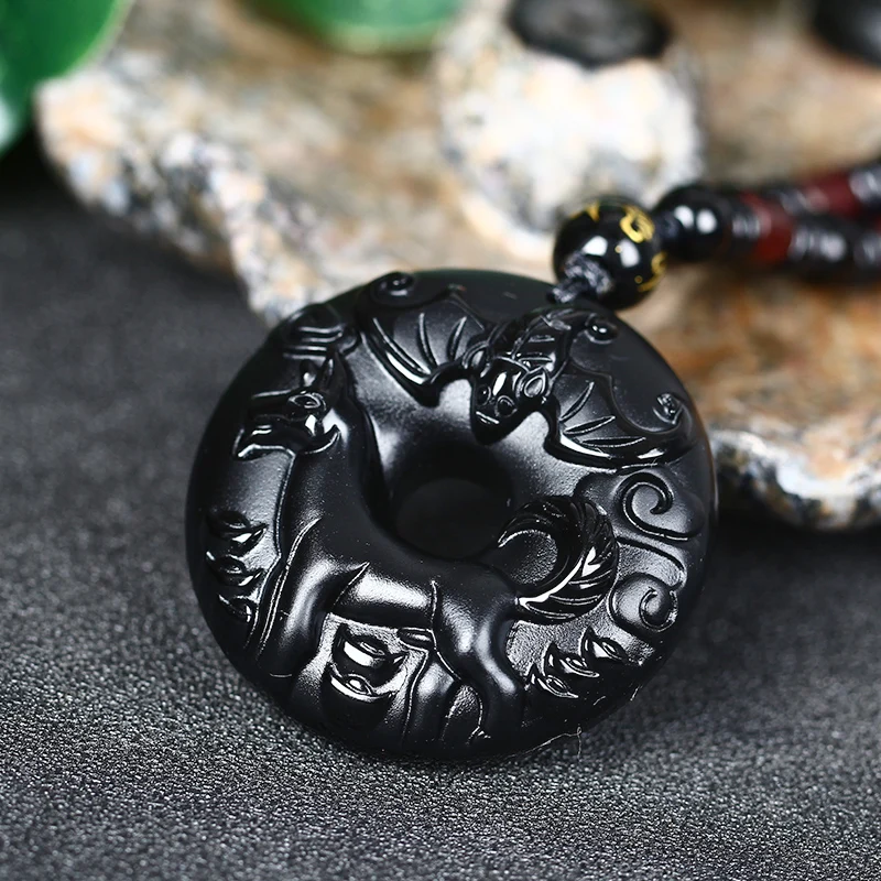 Ожерелье с бусинами из натурального черного обсидиана ручная работа кнопка