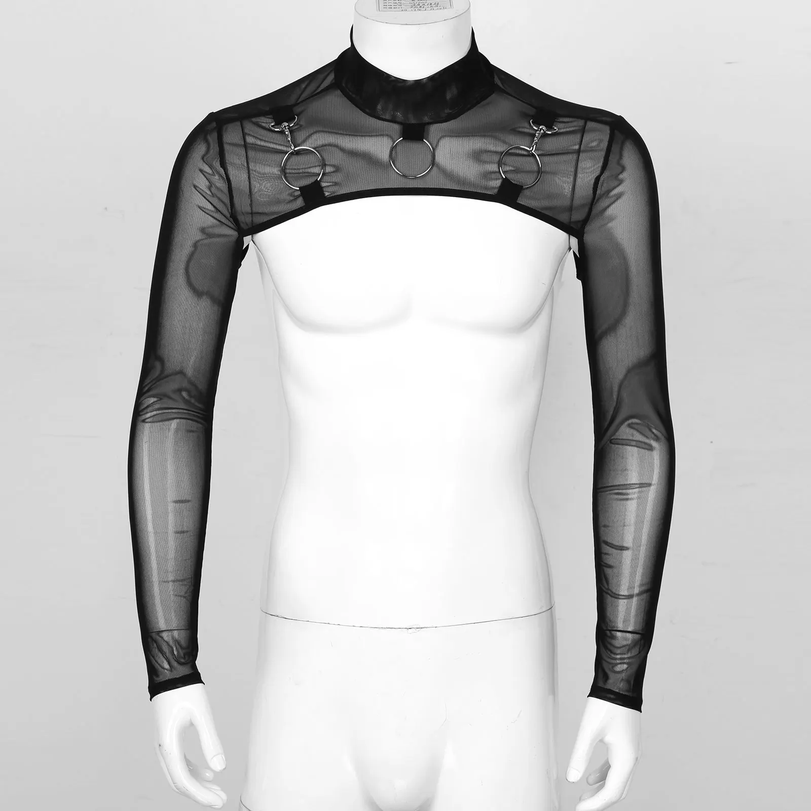 

Fashion Mens Sexy Lingerie Tank Tops Mock Neck Long Sleeve O-Ring T-Shirt See-Through Mesh Half Crop Top Sexy Party Clubwear
