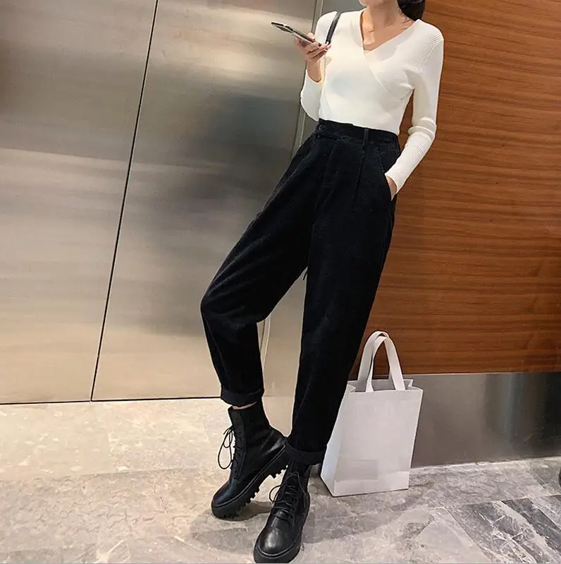 black Winter Corduroy Pants Women Autumn High Waist Pockets Trousers Women Plus Size Streetwear Harem Pants Pantalon Femme - Цвет: black