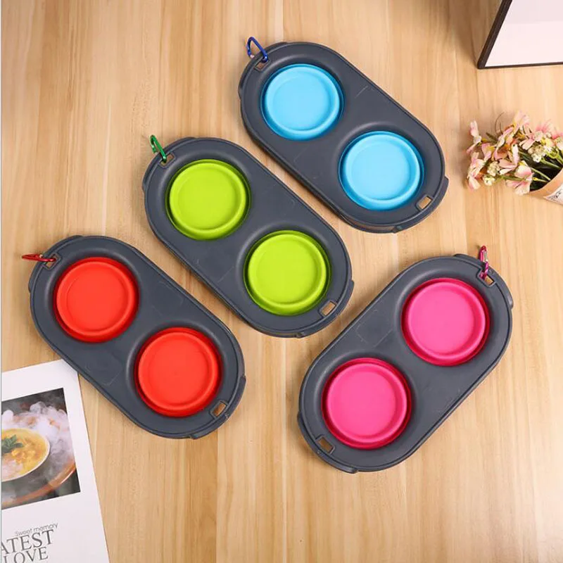 

Миска для кошек и собак Non-slip Pet с двумя чашами Складная Силиконовая собака Еда подачи воды Портативный путешествия Еда плита контейнера для ...