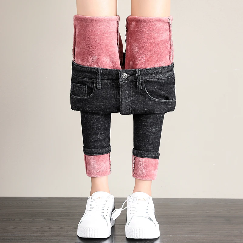 

2021 Winter Women Plush Warm Pencil Jeans Female Thicken Fleece Stretch Denim Trousers Lady High Waist Slim Straight Long Pants