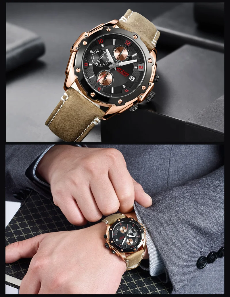 Часы наручные MEGIR мужские с хронографом брендовые Роскошные синие спортивные в