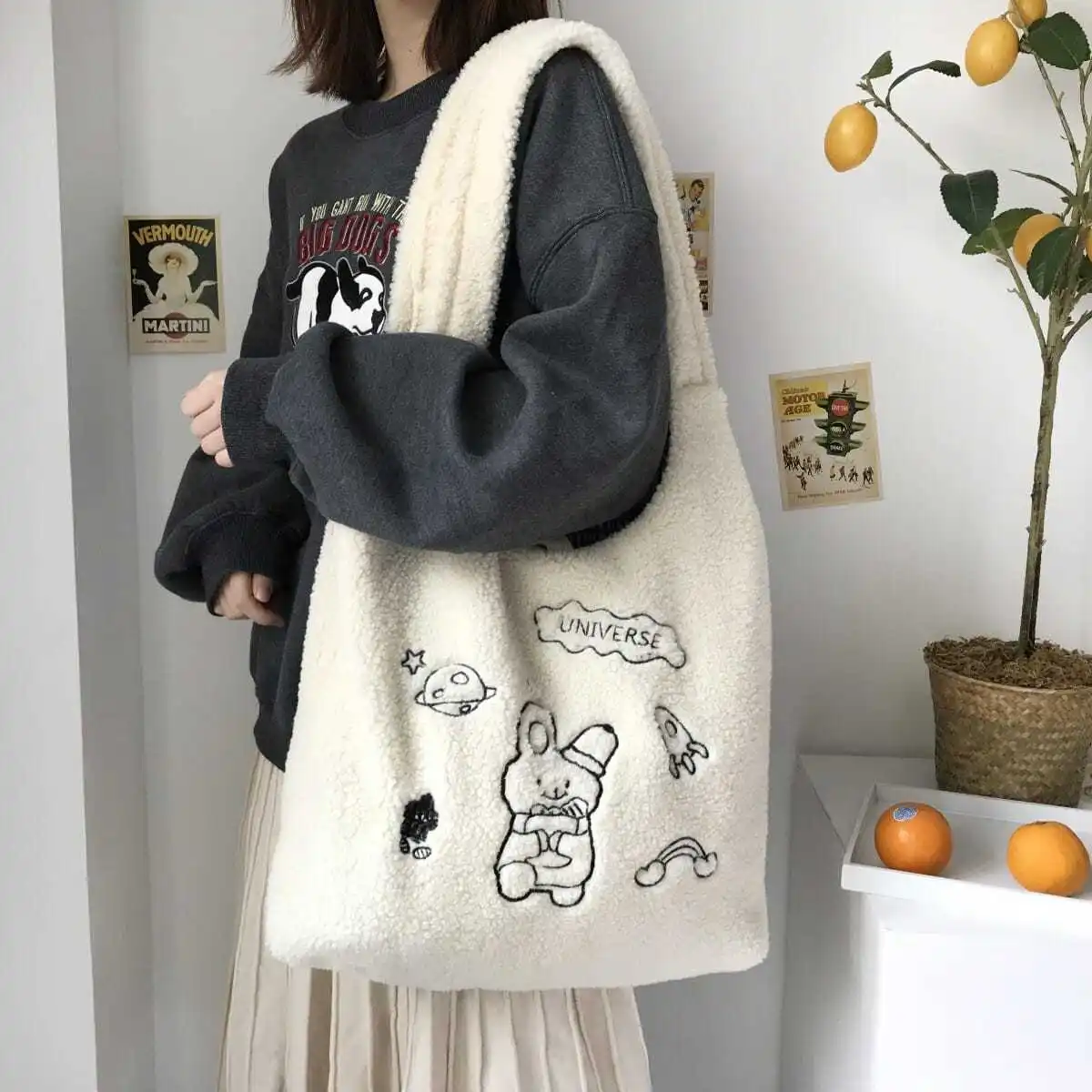 

Japan And South Korea Ins Autumn And Winter Shoulder Bag Chic Sen Cartoon Soft Girl Bag Female Student Corduroy Shopping Bag