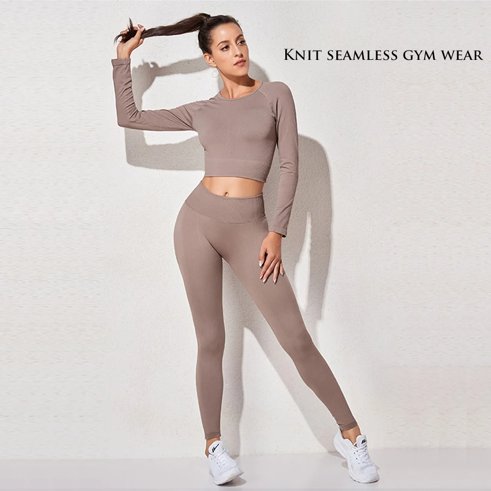 

2pcs Seamless Yoga Set Workout Clothes for Women Long Sleeve Gym Crop Top High Waist Leggings Fitness Set Sports Suits
