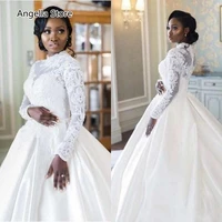 modest long sleeve wedding dresses high collar 2021 appliques lace muslim arabic chapel bridal gowns back buttons sweep train