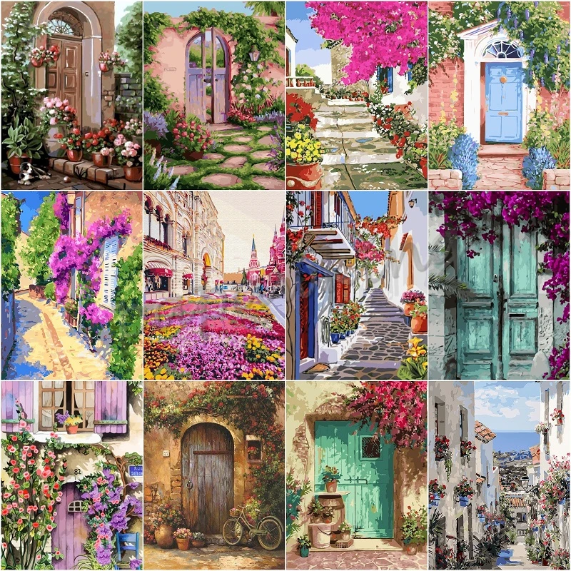 

Oil Picture Diamond Painting 5D Diy Blue Door with Flower France Stree Scenic Colorful Full Diamond Embroidery Home Wall Decor