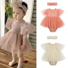 Комплект детской одежды, однотонное боди с коротким рукавом и круглым вырезом, комбинезон, головной убор, костюм на день рождения вечерние кружевные комбинезоны