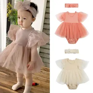 Комплект детской одежды, однотонное боди с коротким рукавом и круглым вырезом, комбинезон, головной убор, костюм на день рождения вечерние кружевные комбинезоны